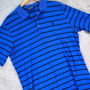Polo Golf Ralph Lauren Men's Blue Black Stripe Polo Shirt‎ Size L Cotton Silk